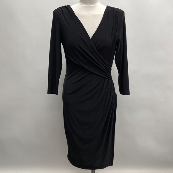 Lauren Ralph Lauren Women's Bodycon Dress 10 Black V-Neck Faux Wrap - Picture 1 of 12